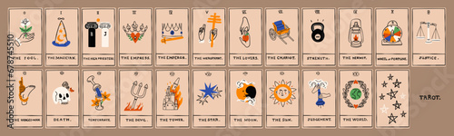 Tarot cards deck. Major arcana set. Unique minimal style. Trendy colorful design. Hand drawn Vector illustration. Pack of spiritual signs. Occult, alchemy, esoteric, magic mystery, prediction concept 
