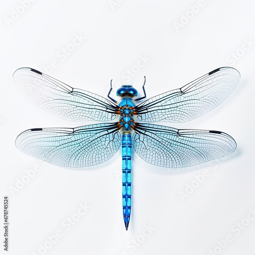Detailed Close-Up of a Vibrant Blue Dragonfly on a White Background © Moon