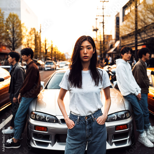 photo of woman with her friends posing beside modified tuned car  generative AI