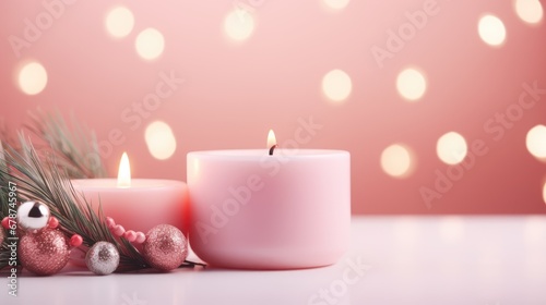  a couple of candles sitting on top of a table next to a pine cone and a pine cone with a pine cone on top of it and a pink background with boke.