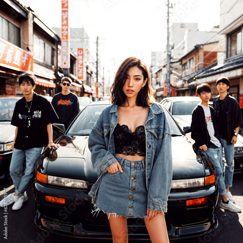 photo of woman with her friends posing beside modified tuned car, generative AI