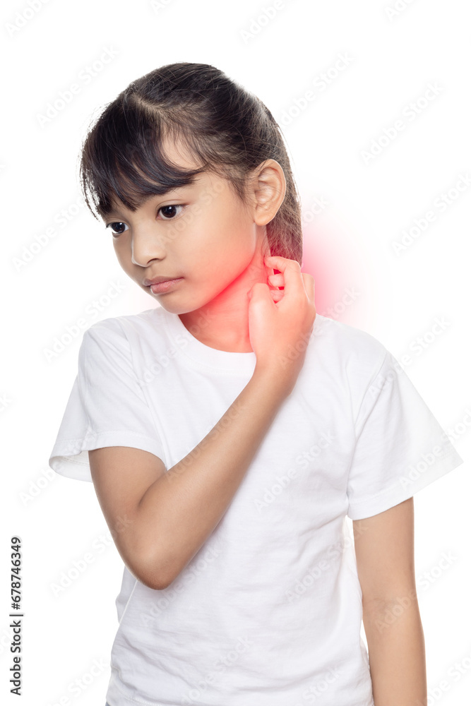 Asian young girl is scratching her neck with nails isolated on white background with clipping path. Dermatological skin diseases concept. Asian young girl is scratching her neck with nails isolated on white background with clipping path. Dermatological skin diseases concept.