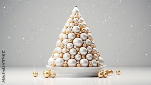  a white and gold christmas tree sitting on top of a white plate with gold ornaments on the bottom of the tree and a white background with gold snowflakes.