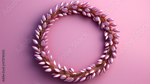  a close up of a wreath made of pink flowers on a pink background with a shadow of the letter o on the center of the wreath is a pink background.