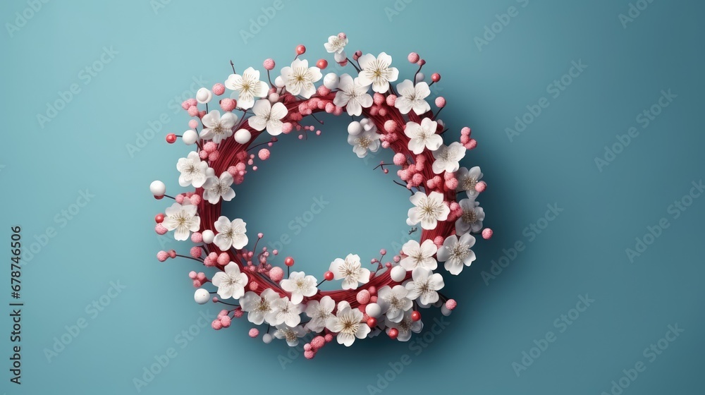 a close up of a wreath made of flowers on a blue background with a white center surrounded by small pink and white flowers on the middle of the wreath,. a close up of a wreath made of flowers on a blue background with a white center surrounded by small pink and white flowers on the middle of the wreath,.