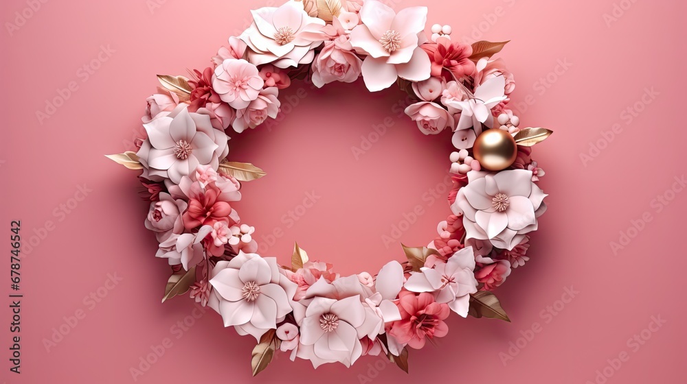 a wreath of pink flowers on a pink background with a golden ornament in the middle of the wreath of pink flowers on a pink background with a gold ornament. a wreath of pink flowers on a pink background with a golden ornament in the middle of the wreath of pink flowers on a pink background with a gold ornament.