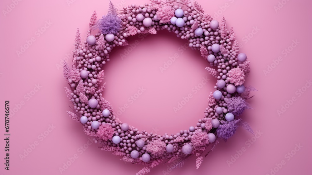  a close up of a wreath made of beads and feathers on a pink background with a place for the text on the top of the wreath is a pink background.