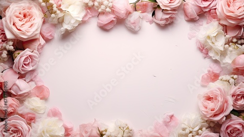  a bunch of pink and white flowers arranged in a circle on a white background with a place for a text or a name on the top of the picture ornament. © Shanti