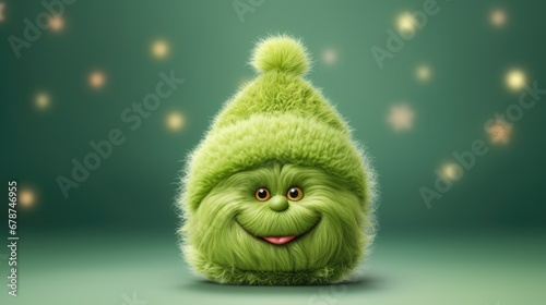  a green furry creature with a smile on it's face and a green hat with a pom - pom on it's head, sitting in front of a green background with stars.