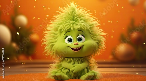  a very cute green furry creature sitting in front of a christmas tree with a smile on it's face and a big griny griny griny grin on its face.