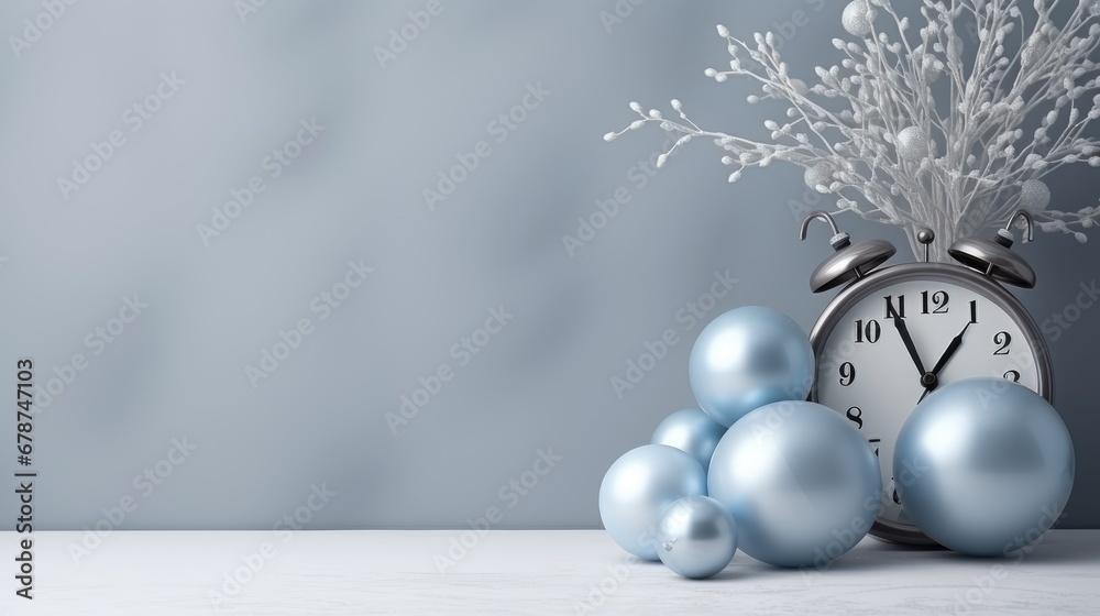  a clock sitting on top of a table next to blue balls and a bunch of silver and white balls in front of a light blue background with a gray wall. - obrazy, fototapety, plakaty 