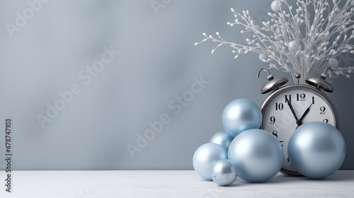  a clock sitting on top of a table next to blue balls and a bunch of silver and white balls in front of a light blue background with a gray wall.