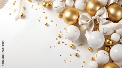  a white and gold christmas background with gold and white baubles and streamers of gold and white confetti on a white background with a white bow.
