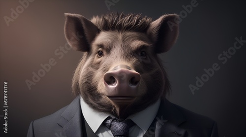 Boar is dressed elegantly in a suit with a lovely tie. An anthropomorphic animal poses for a fashion photograph with a charming human attitude.