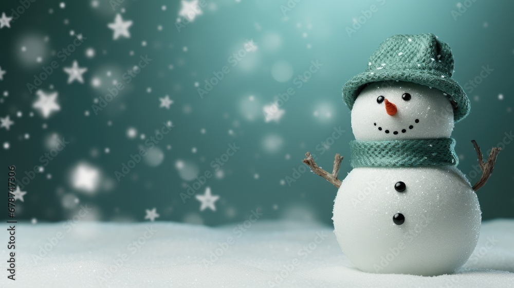  a snowman with a green hat and scarf on it's head is standing in the snow with snow flakes on the ground behind him and a blue sky with white stars.
