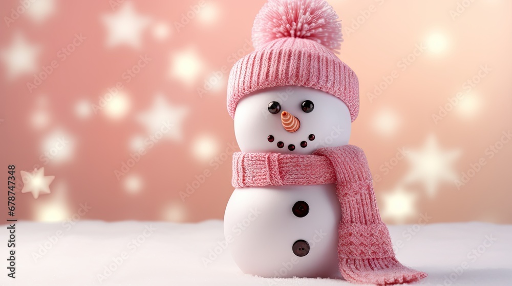 a snowman wearing a pink knitted hat and scarf with a snowflake on it's head and a pink star background with white snowflakes. a snowman wearing a pink knitted hat and scarf with a snowflake on it's head and a pink star background with white snowflakes.