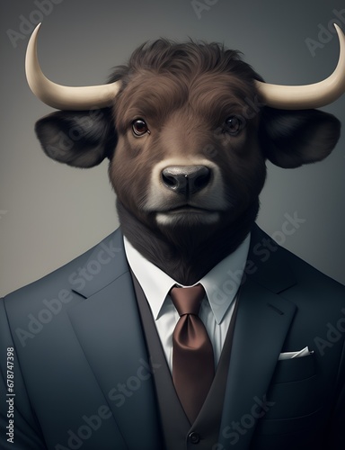 Buffalo is dressed elegantly in a suit with a lovely tie. An anthropomorphic animal poses for a fashion photograph with a charming human attitude. © Logo