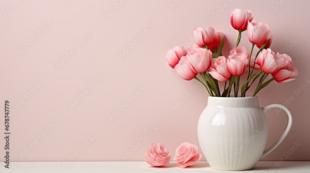  a white vase filled with pink tulips on top of a white table next to a pink wall and a white vase filled with pink tulips on the side.