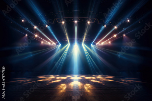 Empty dark stage show with colorful shining spotlights and lighting effects, studio platform background for display or concert with light rays.
