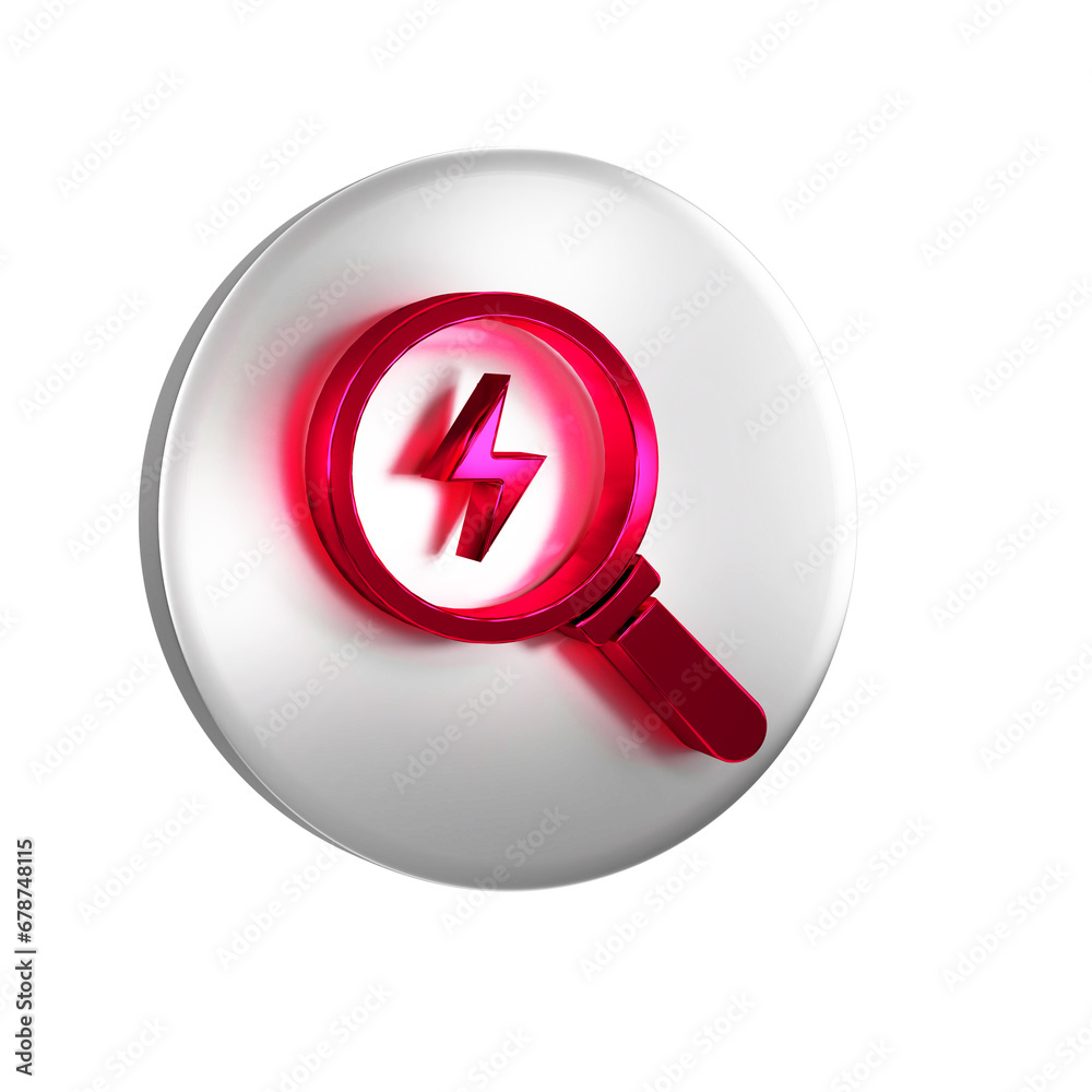 Red Magnifying glass with lightning bolt icon isolated on transparent background. Flash sign. Charge flash. Thunder bolt. Lighting strike. Silver circle button. Red Magnifying glass with lightning bolt icon isolated on transparent background. Flash sign. Charge flash. Thunder bolt. Lighting strike. Silver circle button.