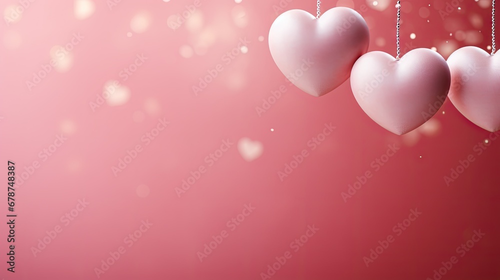  three hearts hanging from a string on a pink background with a boke of hearts hanging from a string on a pink background with a boke of hearts hanging from.