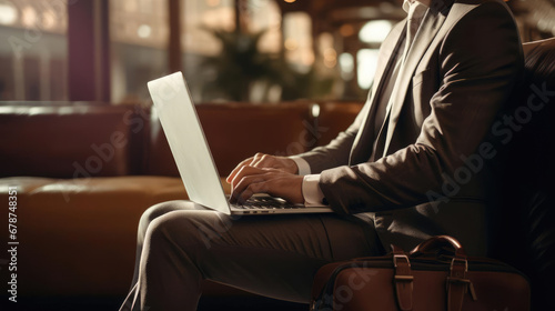 Businessman with laptop working in airport lounge photo