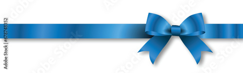 Blue Ribbon Bow Realistic shiny satin with drop shadow, long horizontal ribbon for invitations, greeting cards, or gift boxes isolated on a White background