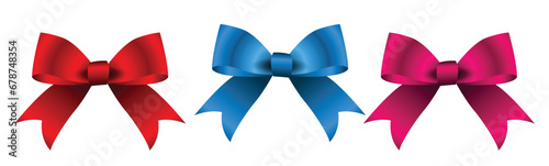 Isolated Blue Ribbon Bow Realistic shiny satin with drop shadow, horizontal ribbon for invitations, greeting cards, or gift boxes isolated on a White background