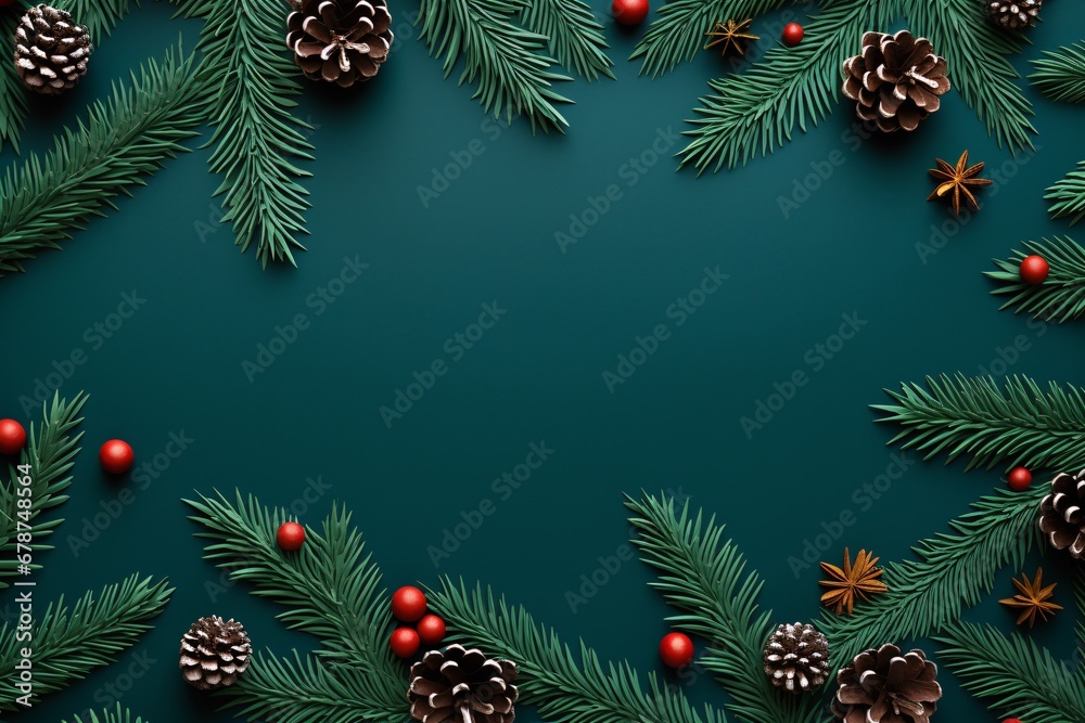 A festive array of yuletide foliage atop a blue hue with plenty of room for text.