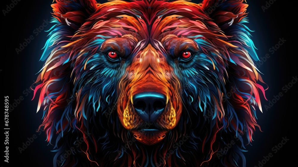  a close up of a bear's face on a black background with red, yellow, blue, and green lights on it's eyes and a black background.