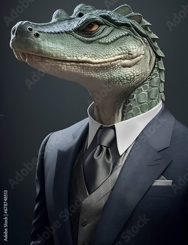 Crocodile is dressed elegantly in a suit with a lovely tie. An anthropomorphic animal poses for a fashion photograph with a charming human attitude. © Logo