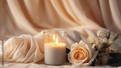  a couple of white candles sitting on top of a table next to a bouquet of flowers and a vase with a white rose in the middle of the candle is lit.