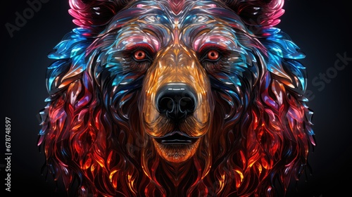  a close up of a bear's face with red, blue, and yellow lights on it's face and on its face is a black background with a black background.
