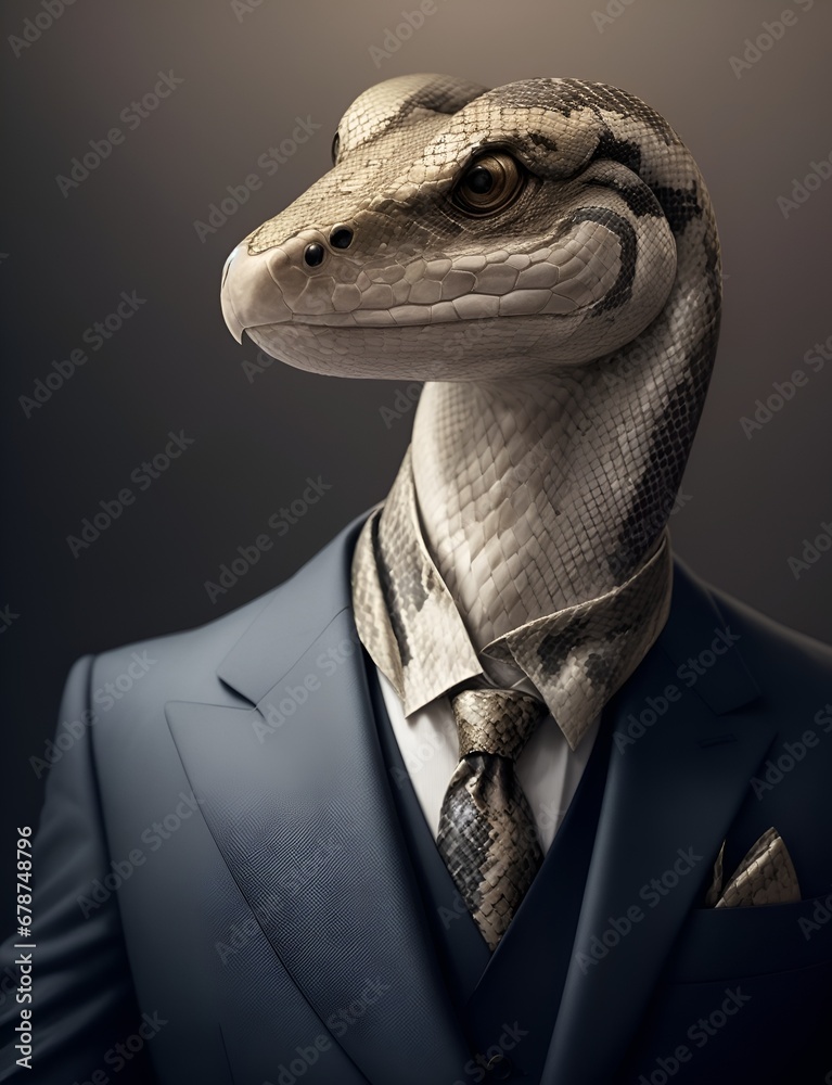 Snake is dressed elegantly in a suit with a lovely tie. An anthropomorphic animal poses for a fashion photograph with a charming human attitude. Snake is dressed elegantly in a suit with a lovely tie. An anthropomorphic animal poses for a fashion photograph with a charming human attitude.