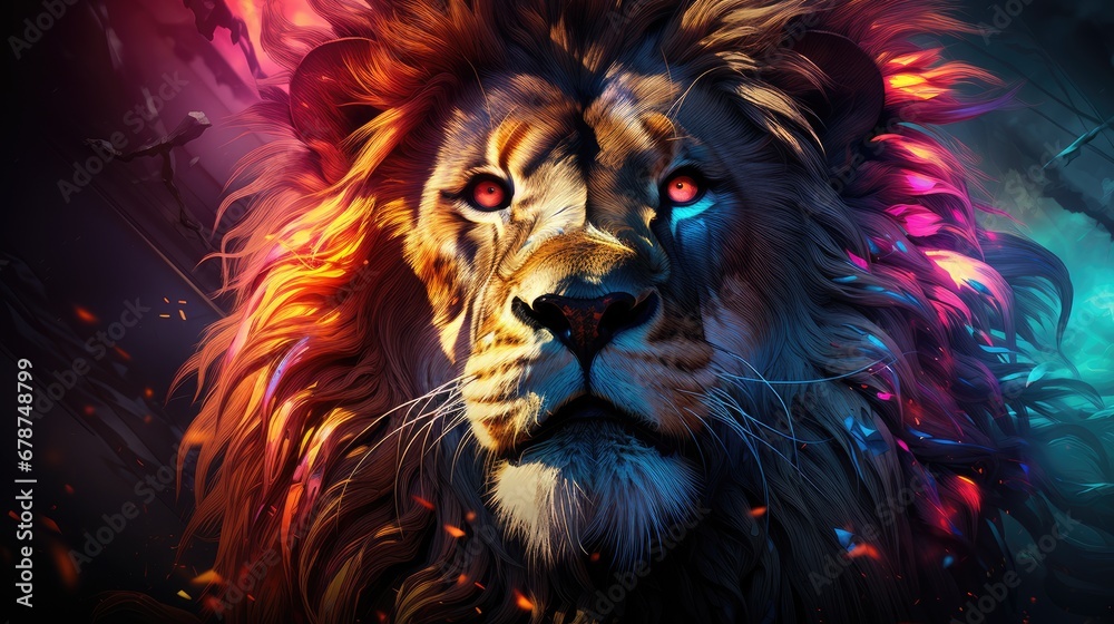  a close up of a lion's face with bright red and blue lights on it's face and behind it is a black background with leaves and branches.