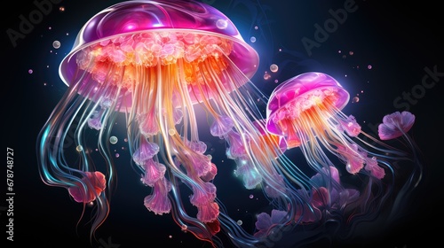  a close up of a jellyfish on a black background with a blue sky in the background and a pink jellyfish in the center of the image is glowing in the water.