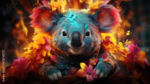  a digital painting of a koala bear surrounded by leaves and flowers on a dark background with fire coming out of the back of the bear's head and eyes.