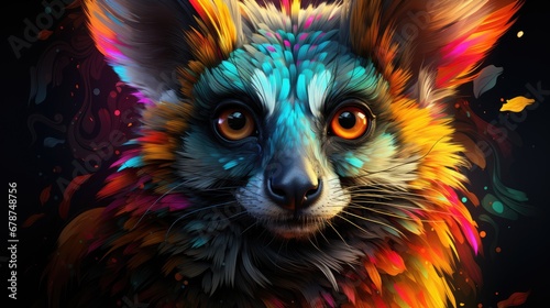  a close up of a colorful animal's face on a black background with lots of paint splattered on the animal's fur and the animal's fur.