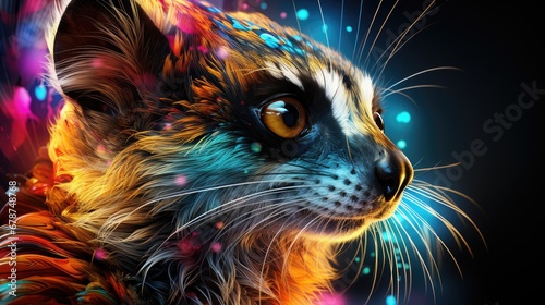  a close up of a cat's face with colorful paint sprinkles on the cat's face and the cat's face is looking to the left.