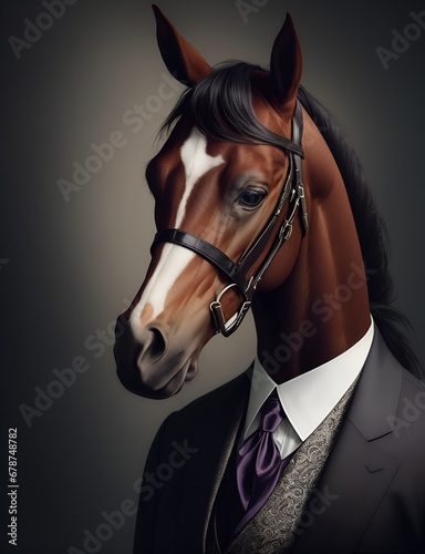 Horse is dressed elegantly in a suit with a lovely tie. An anthropomorphic animal poses for a fashion photograph with a charming human attitude. © Logo