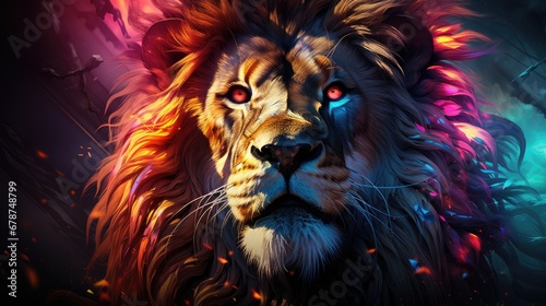  a close up of a lion s face with bright red and blue lights on it s face and behind it is a black background with leaves and branches.