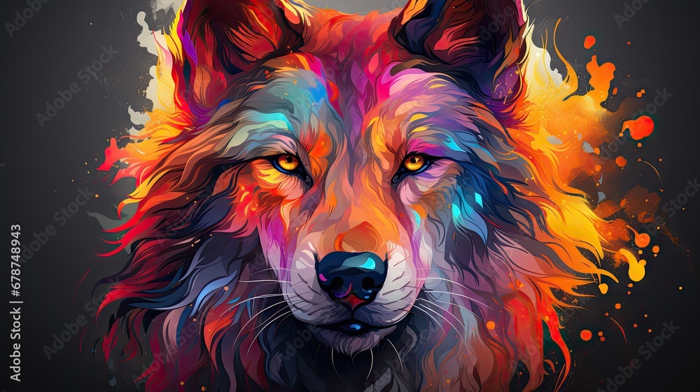  a close up of a wolf's face with colorful paint splattered on it's face and the wolf's eyes are yellow, red, orange, blue, red, yellow, and orange, and blue, and black.