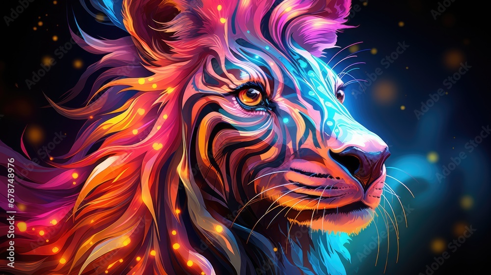  a close up of a lion's face with bright lights on it's chest and a black background with a red, yellow, blue, pink, orange, and yellow, and blue lion's head.