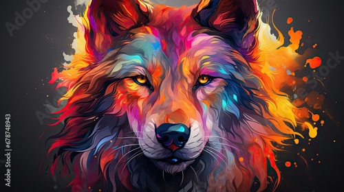  a close up of a wolf's face with colorful paint splattered on it's face and the wolf's eyes are yellow, red, orange, blue, red, yellow, and orange, and blue, and black.