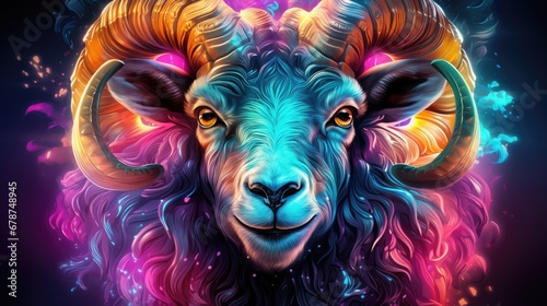  a painting of a ram's head with multicolored paint splattered on it's face and the ram's head is looking straight ahead.