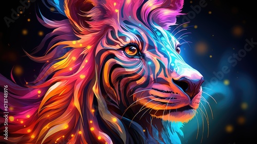  a close up of a lion s face with bright lights on it s chest and a black background with a red  yellow  blue  pink  orange  and yellow  and blue lion s head.