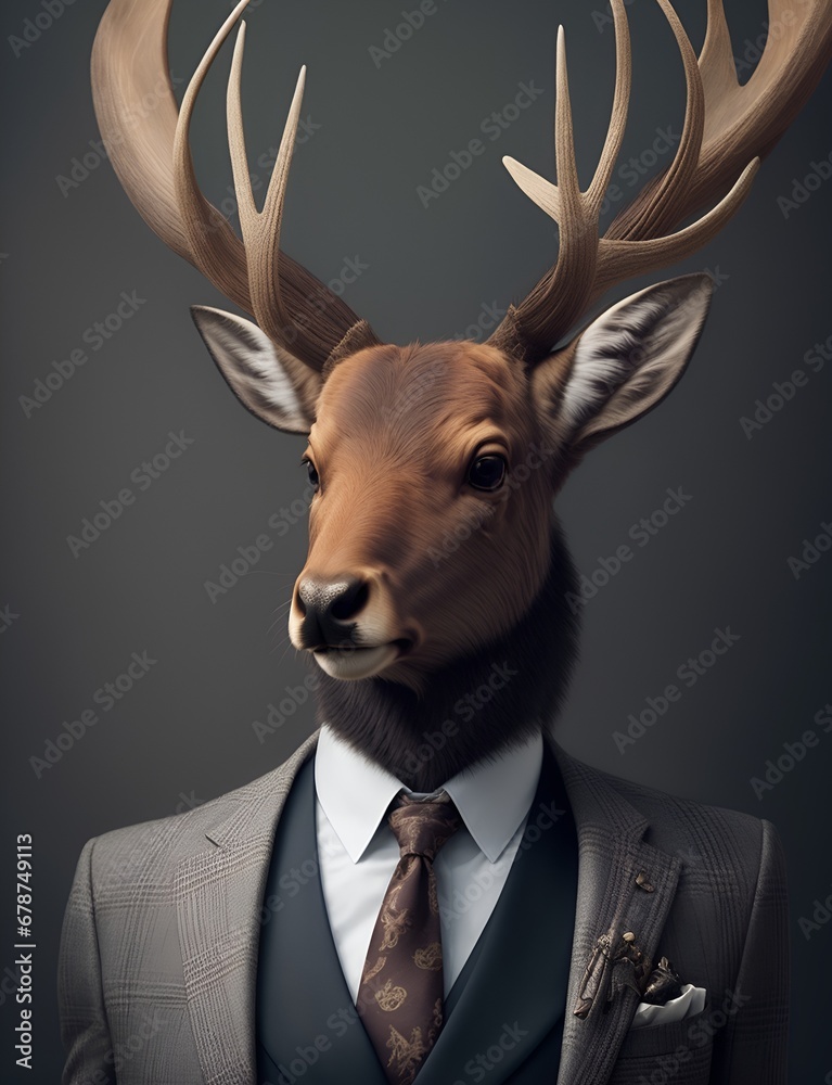 Elk is dressed elegantly in a suit with a lovely tie. An ...