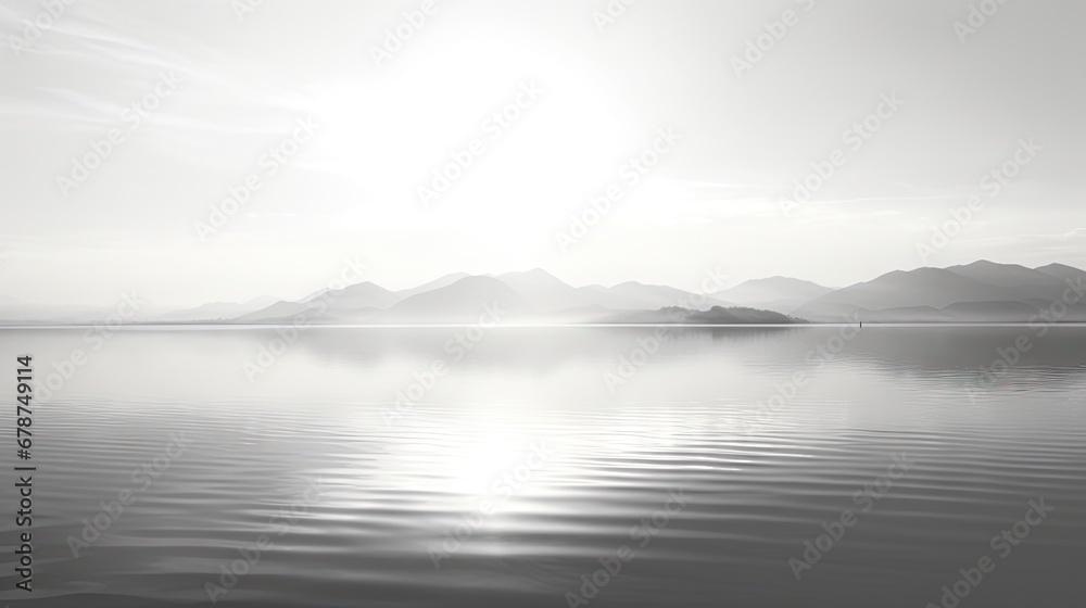 a black and white photo of a body of water with mountains in the background and the sun reflecting off the water in the middle of the middle of the water. a black and white photo of a body of water with mountains in the background and the sun reflecting off the water in the middle of the middle of the water.