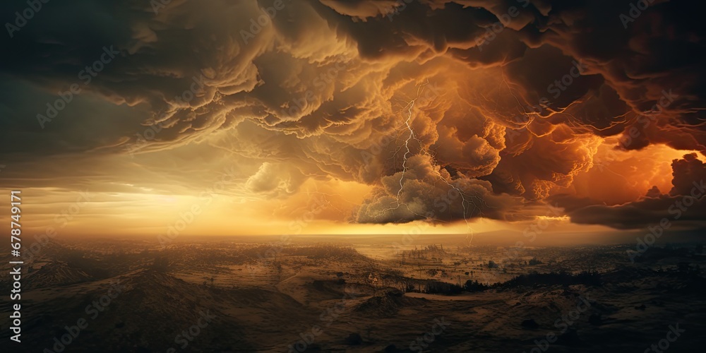  an image of a huge storm coming in from the sky over a city with a clock tower in the foreground and a mountain range in the distance in the foreground.