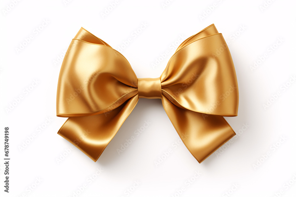 Gleaming gold bow with ribbon on a pristine white backdrop, making this a perfect present for a festive occasion such as Christmas, Valentine's or a birthday. Gleaming gold bow with ribbon on a pristine white backdrop, making this a perfect present for a festive occasion such as Christmas, Valentine's or a birthday.